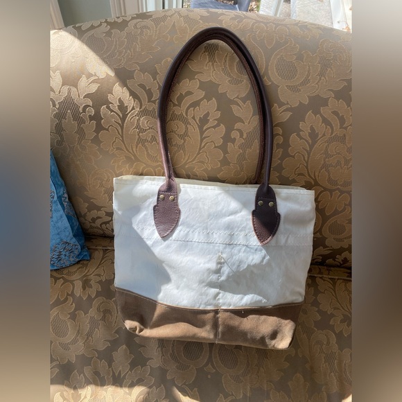 Sea Bags Chebeague Tote Recycled Sailcloth Leather Tan Waxed Canvas Made in USA - Picture 3 of 11